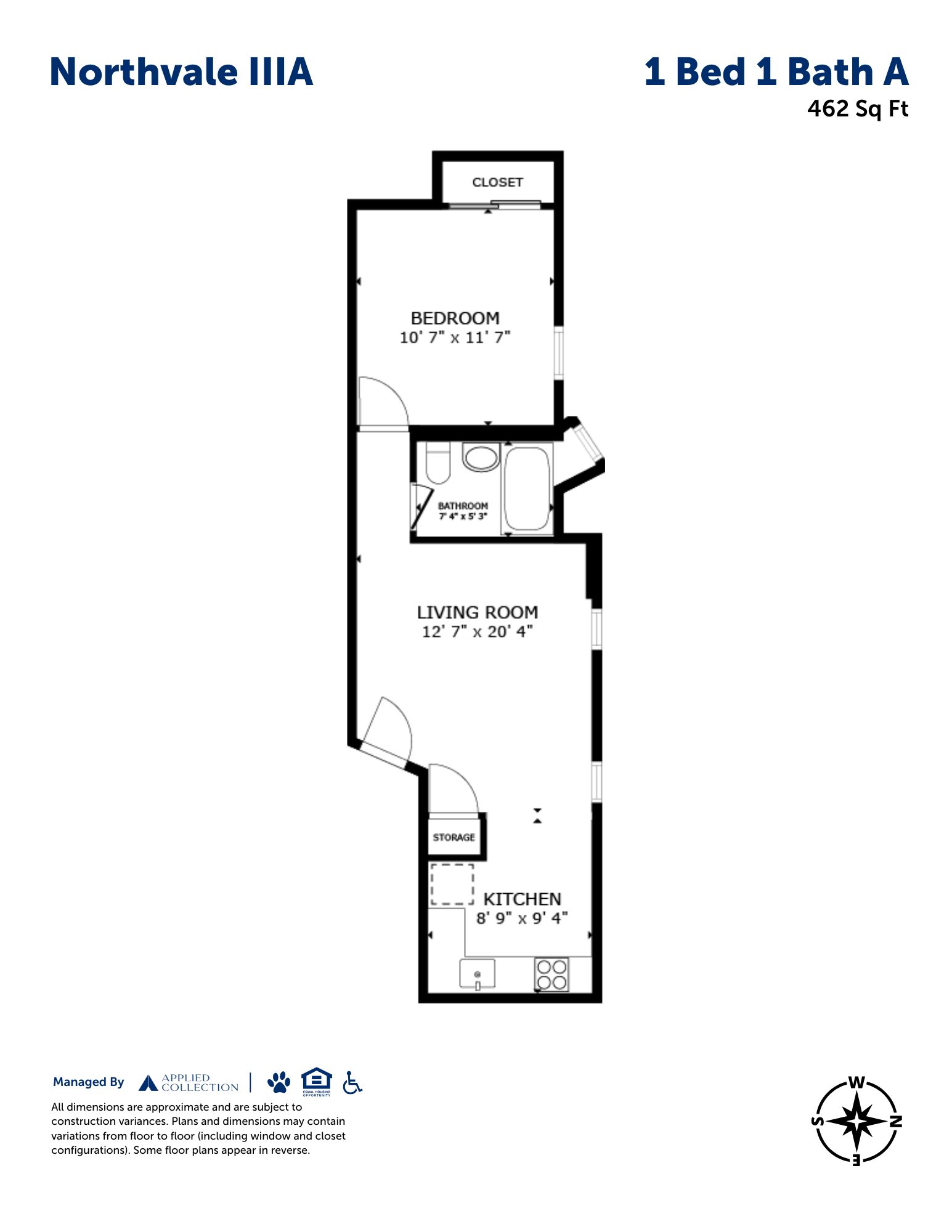 Floor plan for 1 bed, 1 bath, 462 sqft